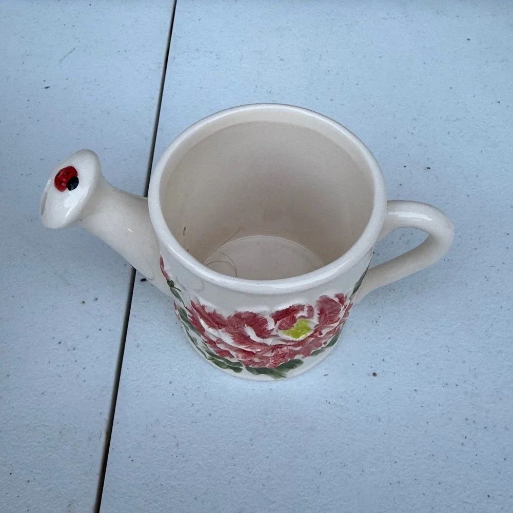Ceramic Miniature Watering Can Pink Peony Flower Ladybug Cottagecore Decor 4.5in